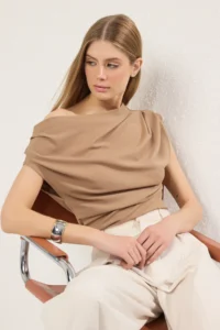 TRENDYOLMİLLA Stone Gathering/Drape Detailed Flowy Asymmetric Collar Knitting Blouse
