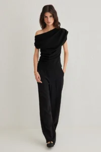 TRENDYOLMİLLA Black Ruffle/Drape Detailed Flowy Asymmetric Collar Knitting Blouse - Image 2