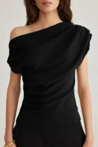 TRENDYOLMİLLA Black Ruffle/Drape Detailed Flowy Asymmetric Collar Knitting Blouse - Image 3
