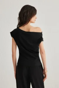 TRENDYOLMİLLA Black Ruffle/Drape Detailed Flowy Asymmetric Collar Knitting Blouse - Image 4