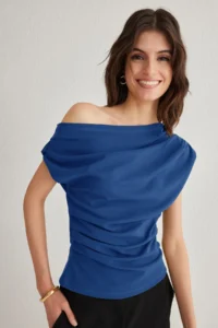 TRENDYOLMİLLA Saks Blue Ruffle/Drape Detailed Flowy Asymmetric Collar Knitting Blouse