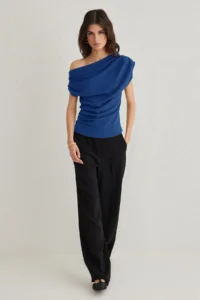 TRENDYOLMİLLA Saks Blue Ruffle/Drape Detailed Flowy Asymmetric Collar Knitting Blouse - Image 2