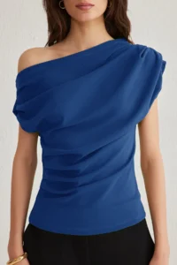 TRENDYOLMİLLA Saks Blue Ruffle/Drape Detailed Flowy Asymmetric Collar Knitting Blouse - Image 3