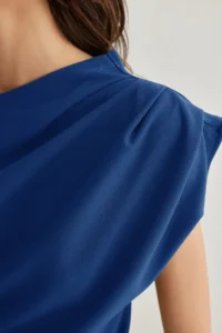 TRENDYOLMİLLA Saks Blue Ruffle/Drape Detailed Flowy Asymmetric Collar Knitting Blouse - Image 4