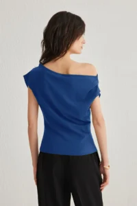 TRENDYOLMİLLA Saks Blue Ruffle/Drape Detailed Flowy Asymmetric Collar Knitting Blouse - Image 5