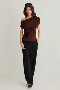 TRENDYOLMİLLA Brown Ruffle/Drape Detailed Flowy Asymmetric Collar Knitting Blouse - Image 2