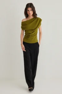 TRENDYOLMİLLA Oil Green Gathering/Drape Detailed Flowy Asymmetric Collar Knitting Blouse - Image 2