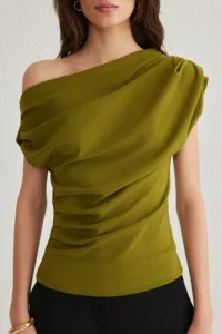 TRENDYOLMİLLA Oil Green Gathering/Drape Detailed Flowy Asymmetric Collar Knitting Blouse - Image 3