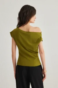 TRENDYOLMİLLA Oil Green Gathering/Drape Detailed Flowy Asymmetric Collar Knitting Blouse - Image 5
