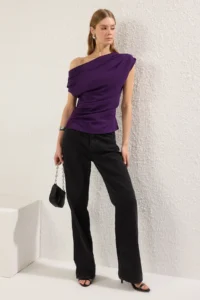 TRENDYOLMİLLA Purple Ruffle/Drape Detailed Flowy Asymmetric Collar Knitting Blouse - Image 2