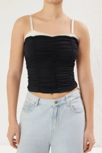 TRENDYOLMİLLA Black Lace Detailed Draped Color Block Fitted Knitting Blouse - Image 3