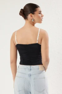 TRENDYOLMİLLA Black Lace Detailed Draped Color Block Fitted Knitting Blouse - Image 5