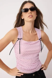 TRENDYOLMİLLA Pink Polka Dot Lined Printed Tulle Fitted Crop Bow Detailed Knitting Blouse - Image 2