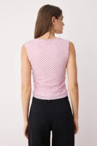 TRENDYOLMİLLA Pink Polka Dot Lined Printed Tulle Fitted Crop Bow Detailed Knitting Blouse - Image 4