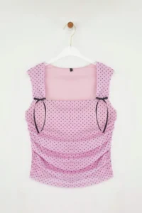 TRENDYOLMİLLA Pink Polka Dot Lined Printed Tulle Fitted Crop Bow Detailed Knitting Blouse - Image 5