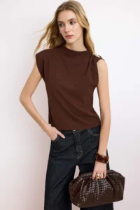 TRENDYOLMİLLA Brown Fitted Accessory Detailed Draped Flexible Knitting Blouse