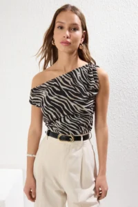 TRENDYOLMİLLA Multicolored Zebra Patterned Fitted Asmietric Collar Flexible Knitting Blouse - Image 2