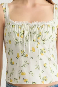 TRENDYOLMİLLA Ecru Sleeveless Lemon Patterned Front Shirred Crop Weaving Blouse - Image 2