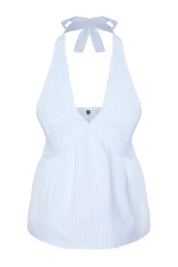 TRENDYOLMİLLA Light Blue Striped seersucker Sleeveless  Weaving Blouse - Image 6