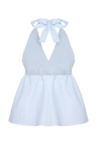 TRENDYOLMİLLA Light Blue Striped seersucker Sleeveless  Weaving Blouse - Image 8