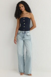 TRENDYOLMİLLA Navy Blue Soft Feeling Strapless Crop Weaving Blouse - Image 2