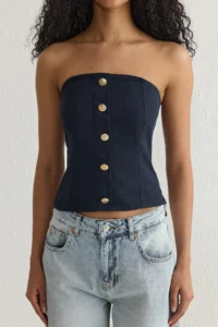 TRENDYOLMİLLA Navy Blue Soft Feeling Strapless Crop Weaving Blouse - Image 4