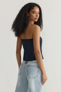 TRENDYOLMİLLA Navy Blue Soft Feeling Strapless Crop Weaving Blouse - Image 5