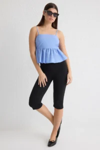 TRENDYOLMİLLA Mavi Back Ribbon Binding Detailed Sleeveless Crop Weaving Blouse - Image 2