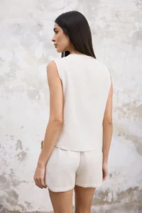 TRENDYOLMİLLA Beige Linen Content Crew Neck ribbed Weaving Blouse - Image 4