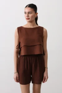 TRENDYOLMİLLA Brown Crew Neck Yandan Binding Detailed Crop Weaving Blouse - Image 7