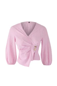 TRENDYOLMİLLA Pink Double breasted Striped Weaving Blouse - Image 6