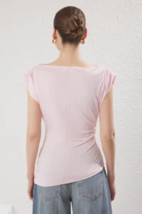 TRENDYOLMİLLA Light Pink Draped padded Fitted Flexible Knitting Blouse - Image 4