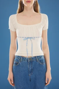 TRENDYOLMİLLA Ecru Premium Yarn / Special Yarn Ribbon Detailed Square Neck Knitwear Blouse - Image 3