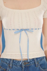 TRENDYOLMİLLA Ecru Premium Yarn / Special Yarn Ribbon Detailed Square Neck Knitwear Blouse - Image 4