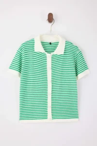 TRENDYOLMİLLA Green Polo Shirt Collar Striped  Knitwear Middle Blouse - Image 5