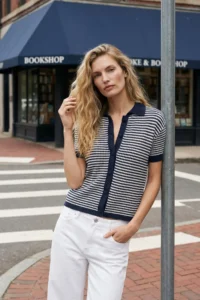 TRENDYOLMİLLA Navy Blue Polo Shirt Collar Striped Knitwear Blouse - Image 2