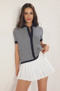 TRENDYOLMİLLA Navy Blue Polo Shirt Collar Striped Knitwear Blouse - Image 3
