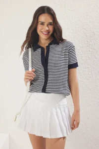 TRENDYOLMİLLA Navy Blue Polo Shirt Collar Striped Knitwear Blouse - Image 4