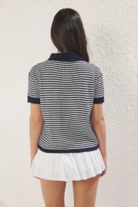 TRENDYOLMİLLA Navy Blue Polo Shirt Collar Striped Knitwear Blouse - Image 6
