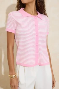 TRENDYOLMİLLA Pink Polo Shirt Collar Striped  Knitwear Middle Blouse - Image 3