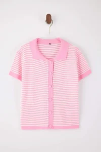 TRENDYOLMİLLA Pink Polo Shirt Collar Striped  Knitwear Middle Blouse - Image 5