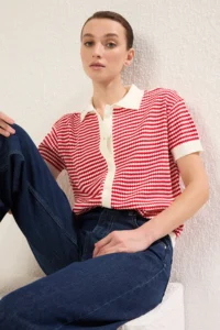 TRENDYOLMİLLA Rejection Polo Shirt Collar Striped Blouse - Image 3