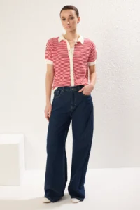 TRENDYOLMİLLA Rejection Polo Shirt Collar Striped Blouse - Image 4