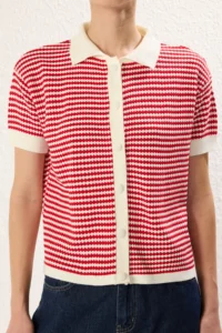 TRENDYOLMİLLA Rejection Polo Shirt Collar Striped Blouse - Image 5