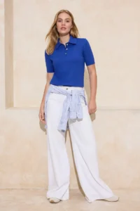 TRENDYOLMİLLA Saks Blue Premium Yarn/Special Yarn Polo Shirt Collar Knitwear Blouse