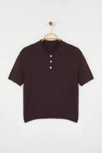 TRENDYOLMİLLA Brown Polo Shirt Collar Premium Yarn / Special Yarn Knitwear Thin Blouse - Image 5
