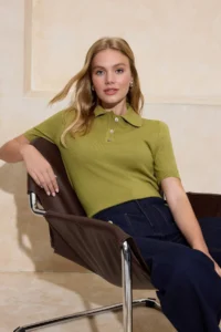 TRENDYOLMİLLA Oil Green Premium Yarn/Special Yarn Polo Shirt Collar Knitwear Blouse - Image 2