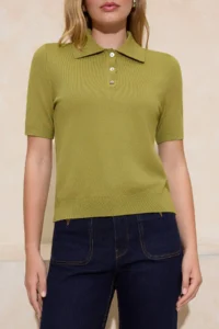 TRENDYOLMİLLA Oil Green Premium Yarn/Special Yarn Polo Shirt Collar Knitwear Blouse - Image 3