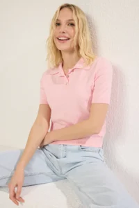 TRENDYOLMİLLA Pink Polo Shirt Collar Premium Yarn / Special Yarn Knitwear Blouse