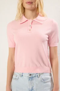 TRENDYOLMİLLA Pink Polo Shirt Collar Premium Yarn / Special Yarn Knitwear Blouse - Image 3